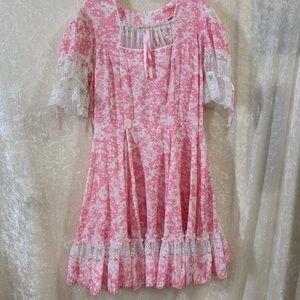 Vintage 60s Pink Floral Midi Dress Lace Detail Lace Puff Sleeve Baby Doll Sz L